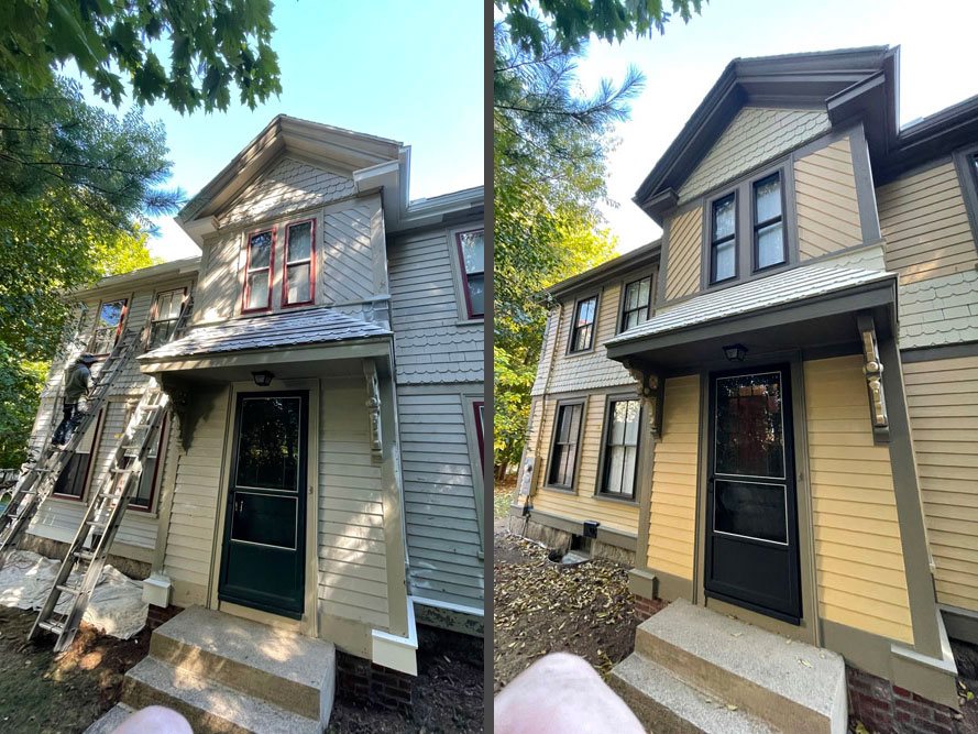Two homes repainted in tan and grey with dark trim